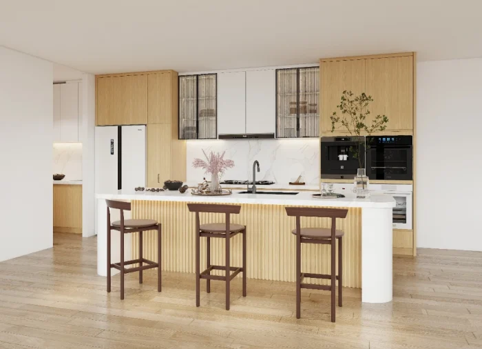 Modern kitchen design with upper and base cabinets, showcasing a stylish and functional layout.
