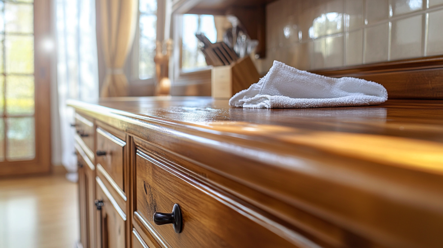 Close-up image showing well-maintained knotty alder kitchen cabinets with visible wood grain and shine.