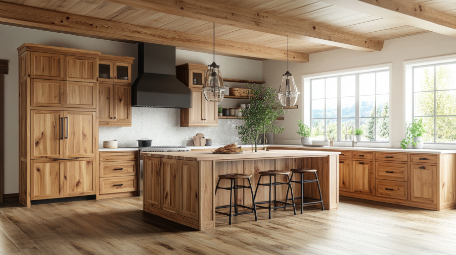 Modern kitchen featuring natural knotty alder cabinets with visible wood grain and rustic design.