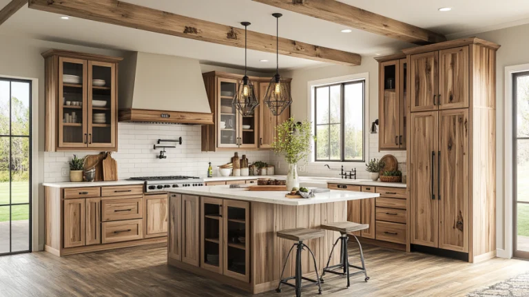 Kitchen with stained knotty alder cabinets, highlighting rich wood tones and modern design.