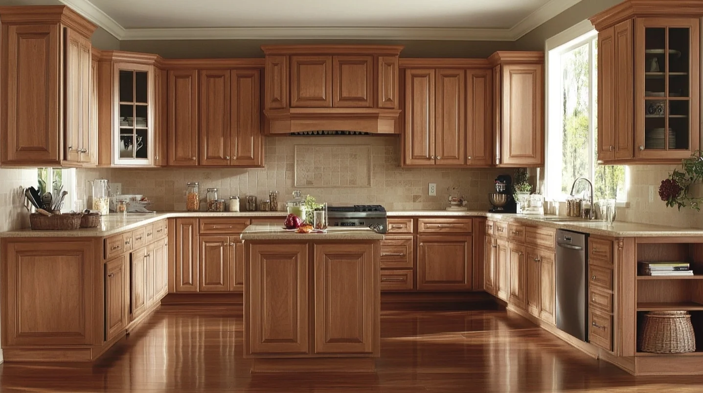 Cocina con gabinetes de arce KraftMaid, isla de arce y pisos de madera.