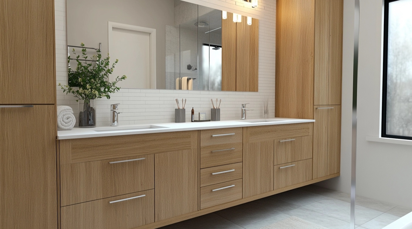 Maple bathroom cabinet with modern tiles and stylish design.