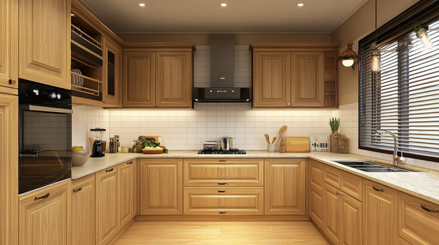 Maple wood bathroom cabinet with modern tiles for a clean, sleek look.