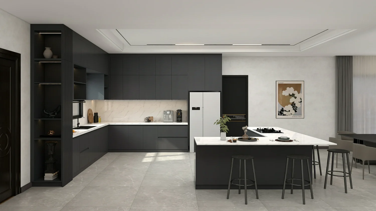 modern matte black kitchen cabinet colors in Saudi Arabia with stainless steel appliances and marble countertops