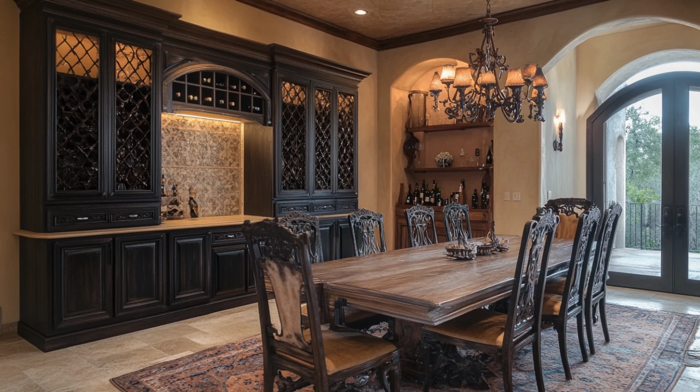 A Mediterranean dining room sideboard cabinet featuring warm wood, carved details, and metal accents for a rustic look.