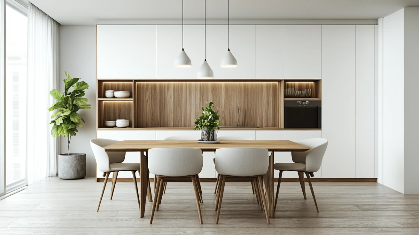 A minimalist dining room cabinet with light wood finish, creating a clean, organized, and functional dining area.