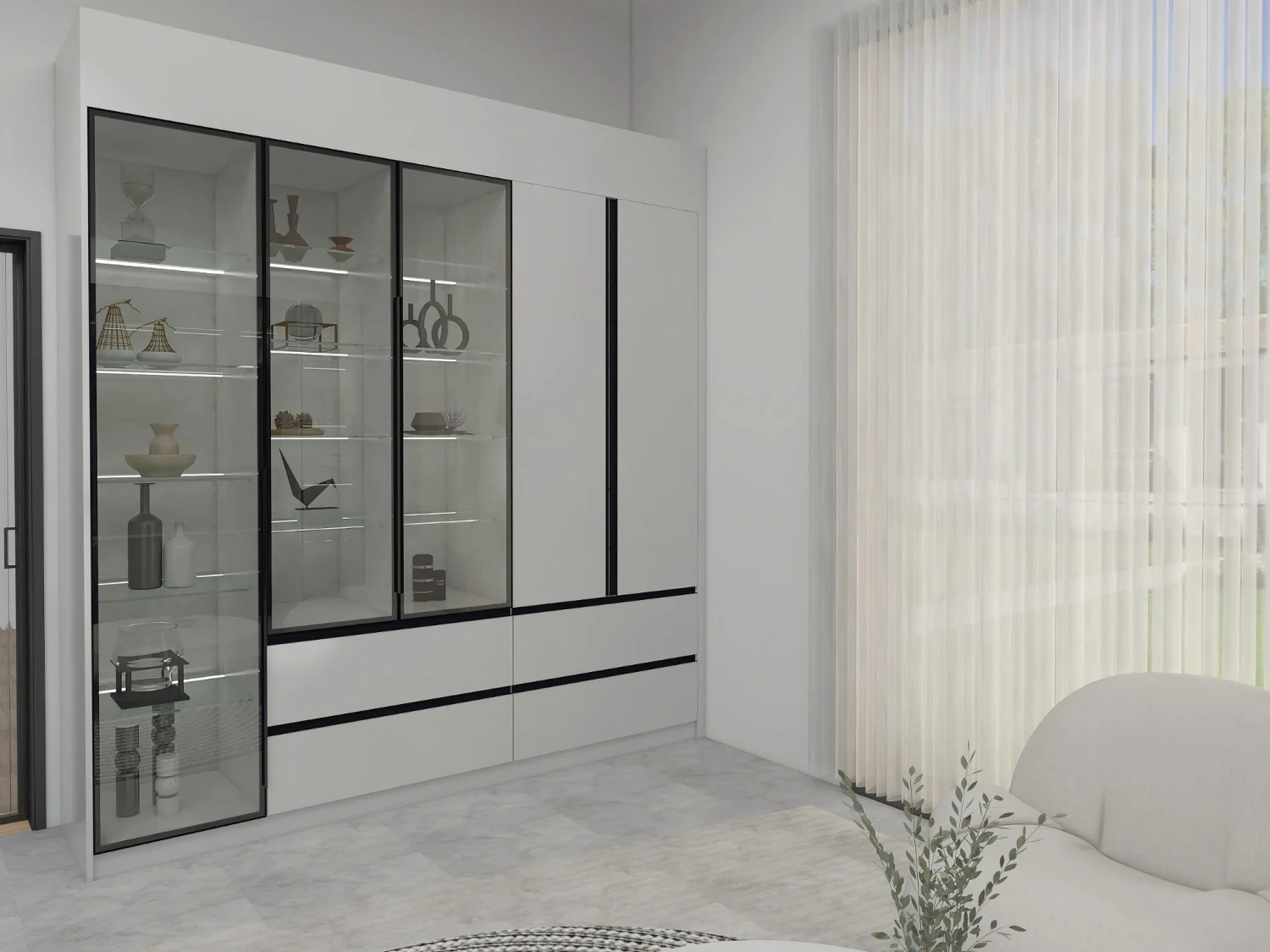 Sleek minimalist living room cabinet with glass shelves, perfect for modern display and storage.