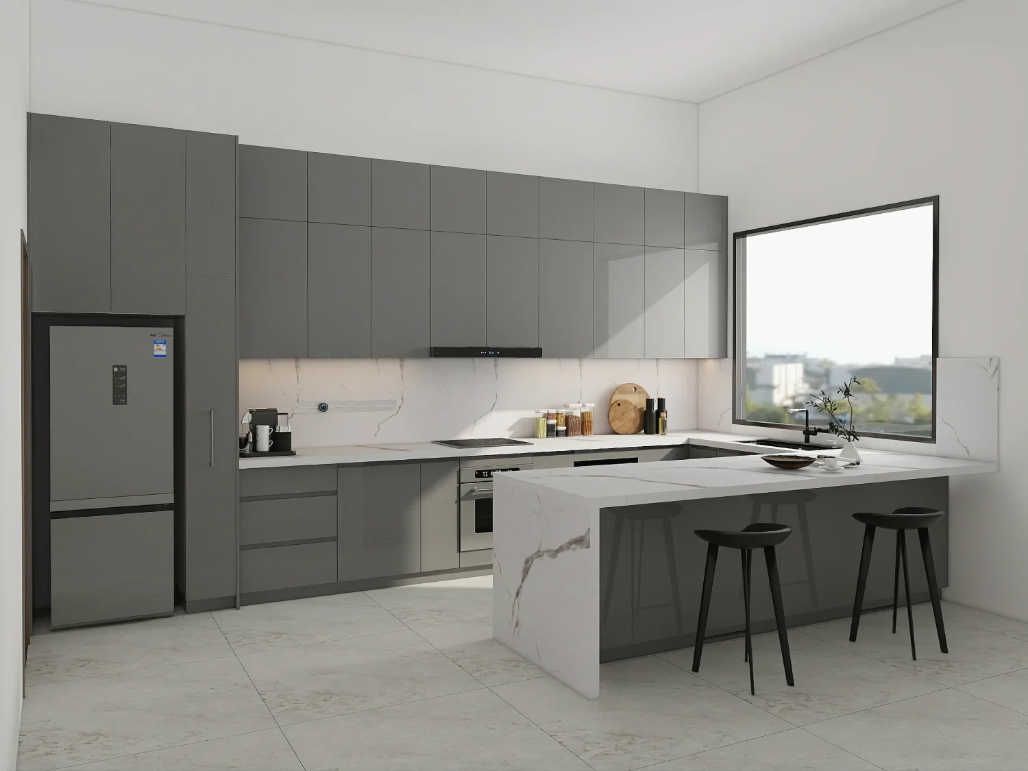 minimalist- modern cabinets-uae Sleek grey modern kitchen cabinet design in UAE apartment with handleless minimalist cabinets and island