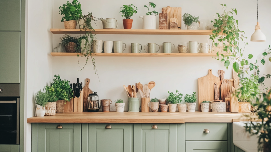 Farmhouse kitchen with mint green cabinets, open shelving with plants, mugs, and wooden cutting boards.