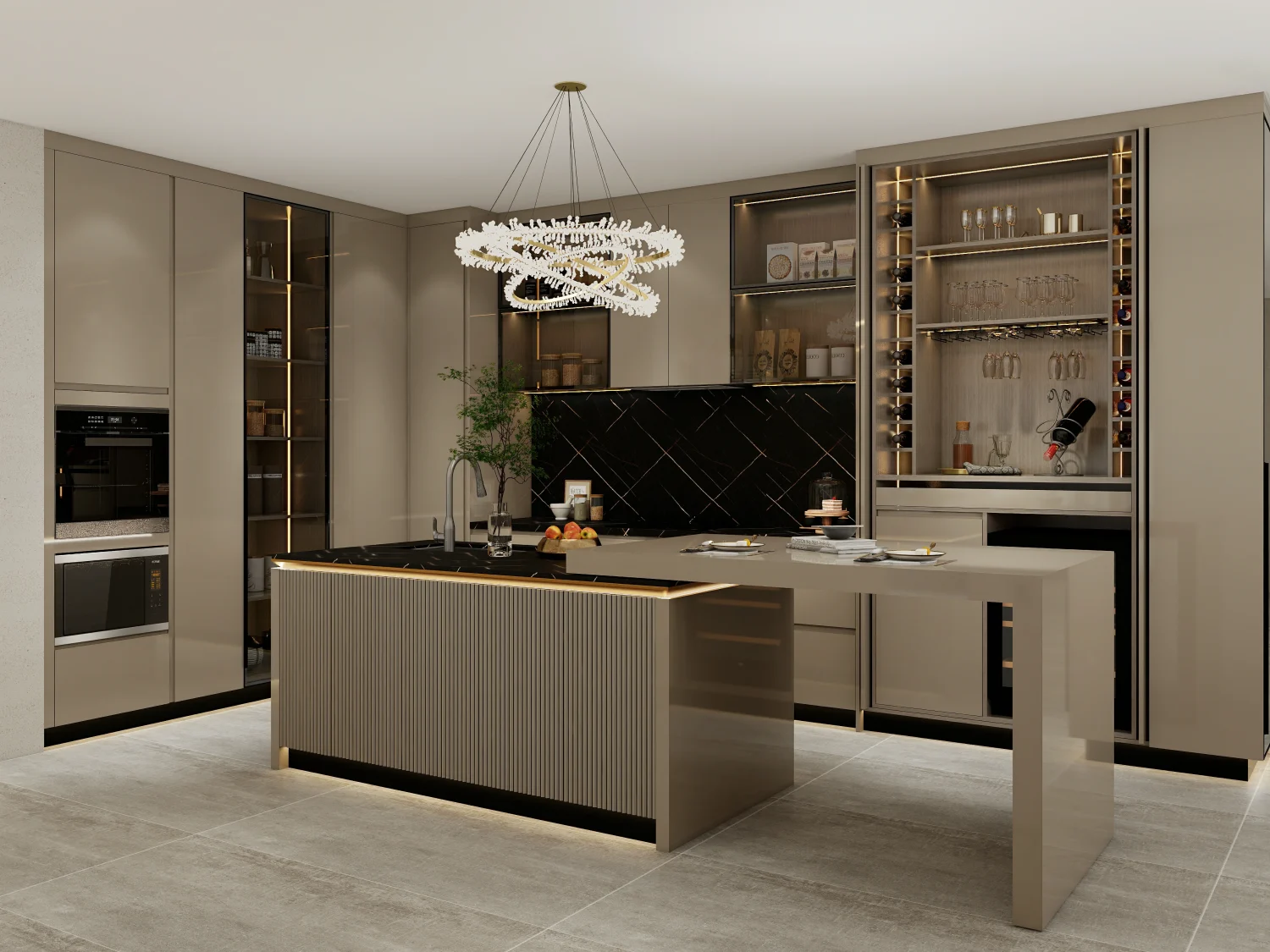 Contemporary kitchen with beige MDF kitchen cabinets, illuminated open shelving, integrated island seating under chandelier