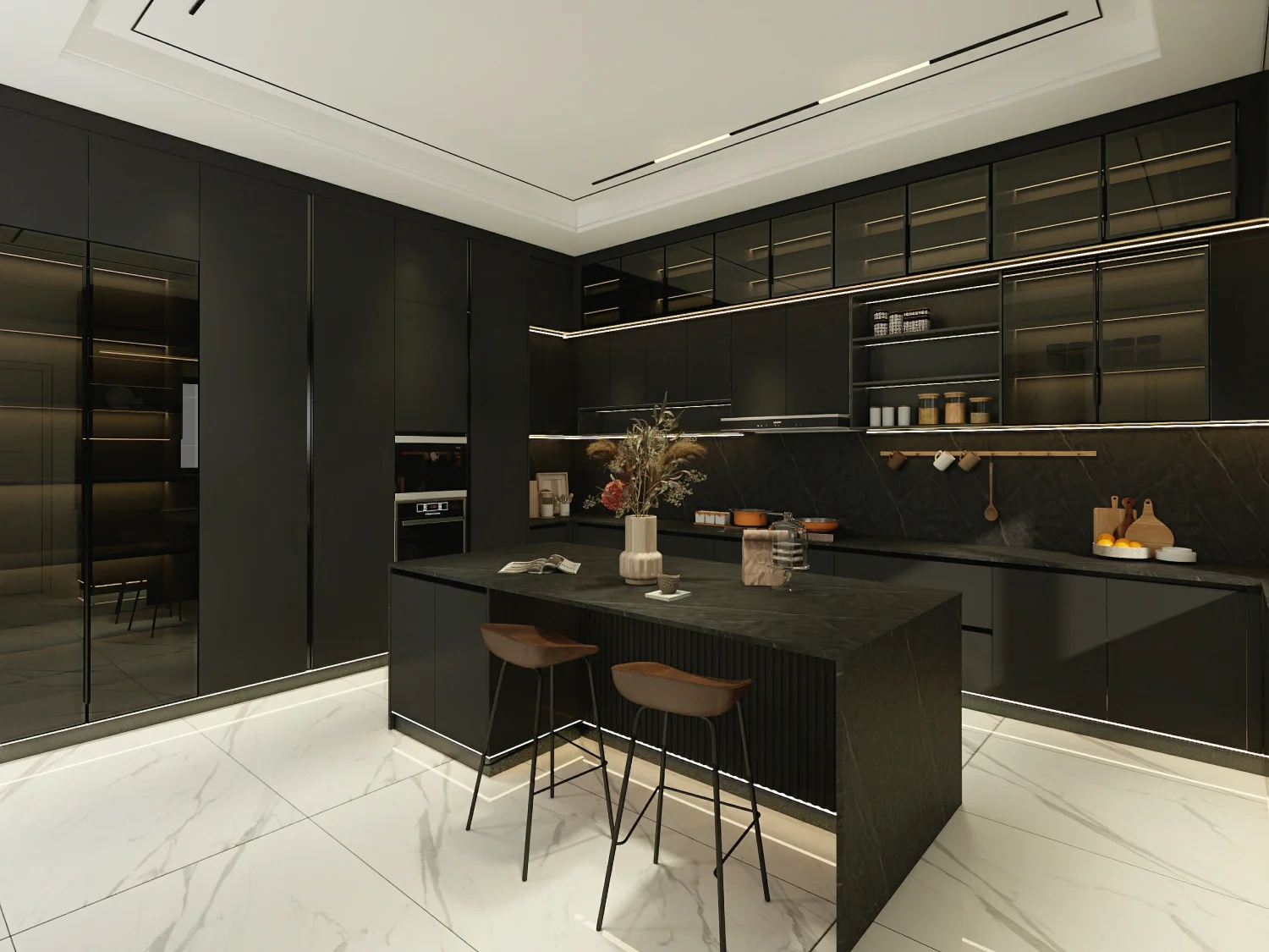 A sleek modern kitchen in Saudi Arabia featuring black wood kitchen cabinets with integrated lighting.