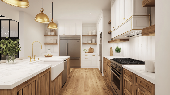 Modern farmhouse kitchen with brushed steel and gold metallic accents, white cabinets, and wooden countertops.