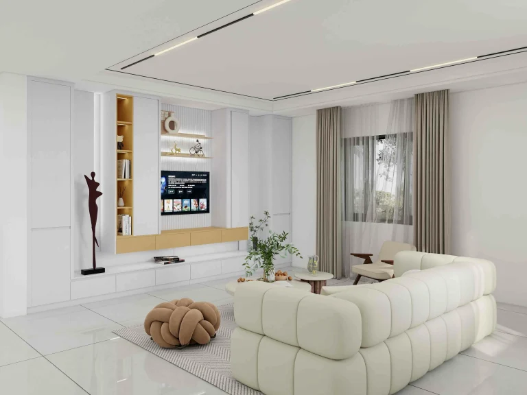 Modern built-in living room cabinet with sleek design, open shelving, and storage space for electronics.