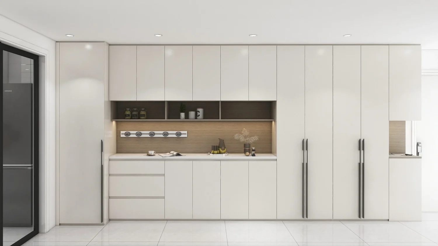 Modern living room storage cabinet with clean lines, featuring open shelves and sleek handles.