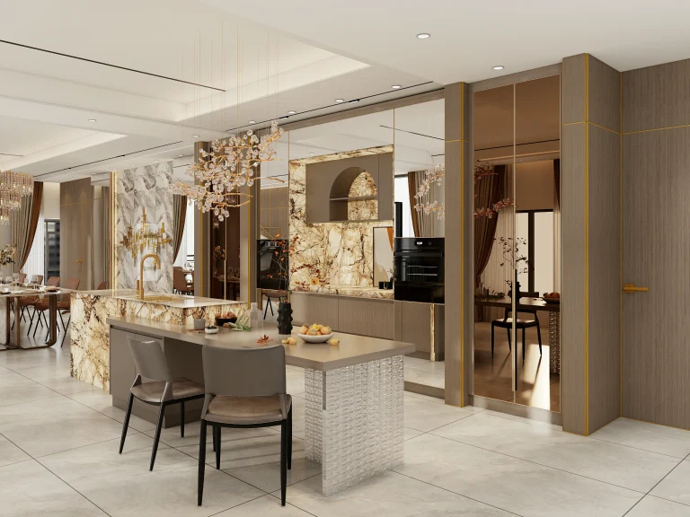 Modern kitchen design in Saudi Arabia featuring wood kitchen cabinets, marble countertops, and contemporary lighting.