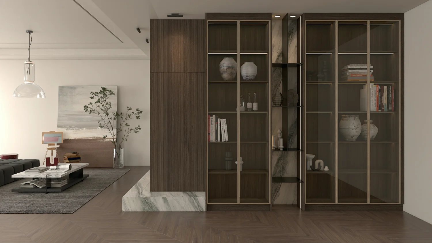 Modular living room storage cabinet with adjustable shelving, offering flexible and customizable storage options.
