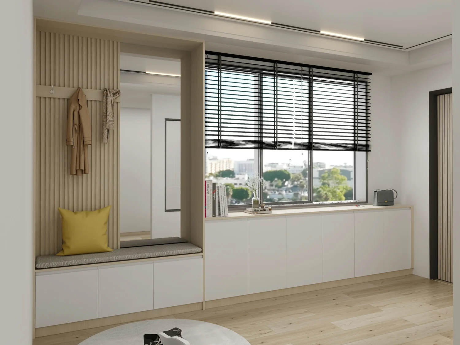 Multi-function entryway shoe cabinet with built-in bench, wall hooks, and concealed storage cabinets beneath.