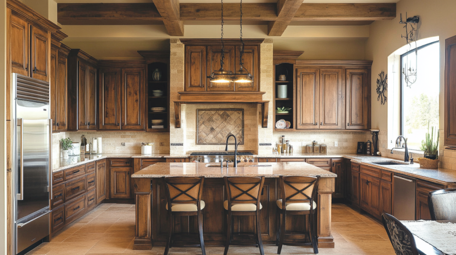 Kitchen featuring natural knotty alder cabinets, with visible grain patterns and rustic charm.