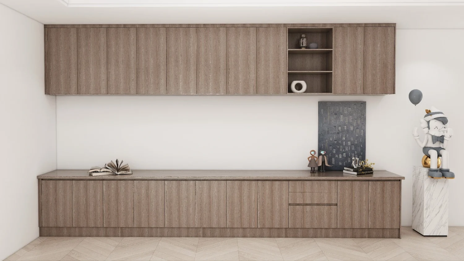 Living room cabinet with natural wood finish, showcasing sleek lines and modern design.