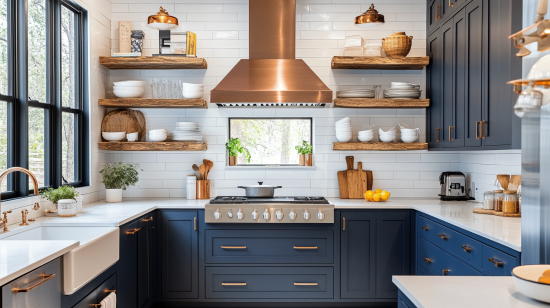 Farmhouse kitchen with navy blue cabinets, copper hardware, and open shelving, creating a sophisticated and rustic atmosphere.