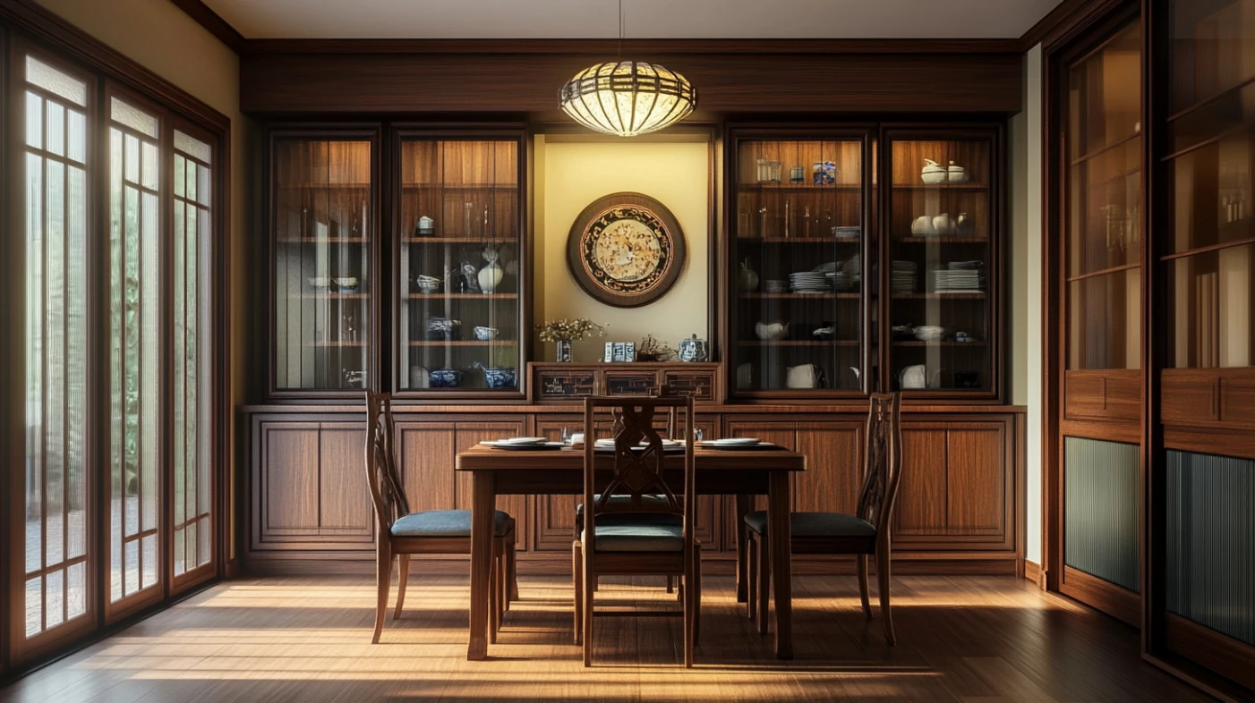 A modern Neo-Chinese fusion dining room cabinet with lacquer finish and geometric patterns, featuring elegant storage spaces.