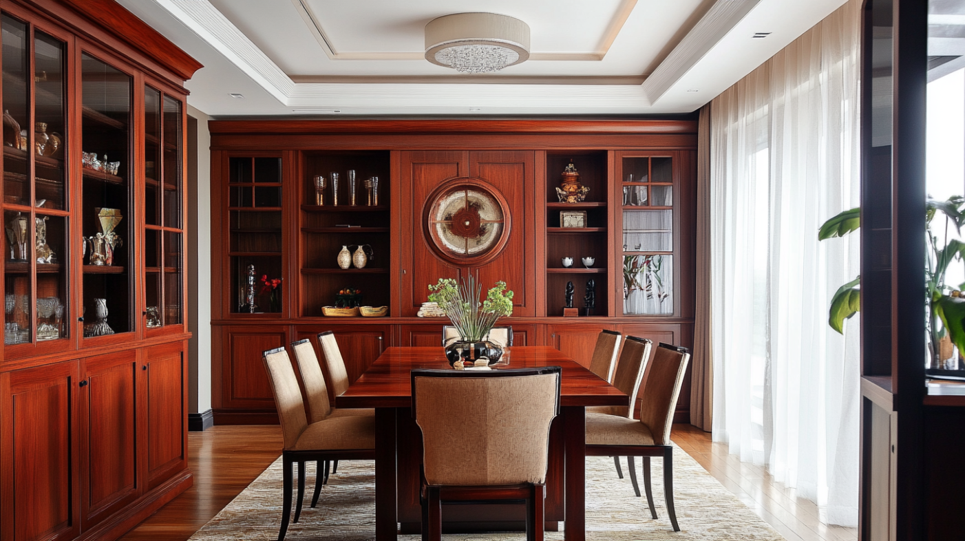 A Neo-Chinese fusion dining room cabinet featuring lacquer finishes, geometric patterns, and traditional motifs.