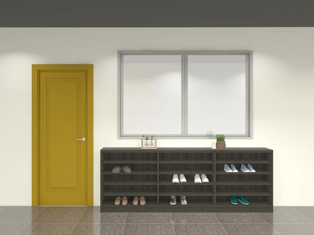 Modern open entryway shoe cabinet under window with multiple shelves holding various pairs of footwear.