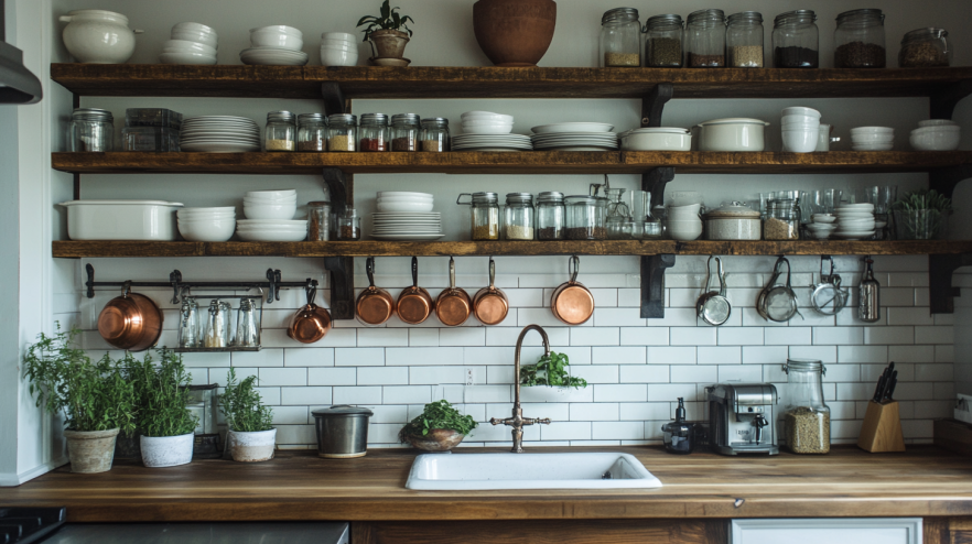 Farmhouse kitchen with open shelving displaying dishes, jars, copper pots, and rustic accessories, creating an inviting atmosphere.