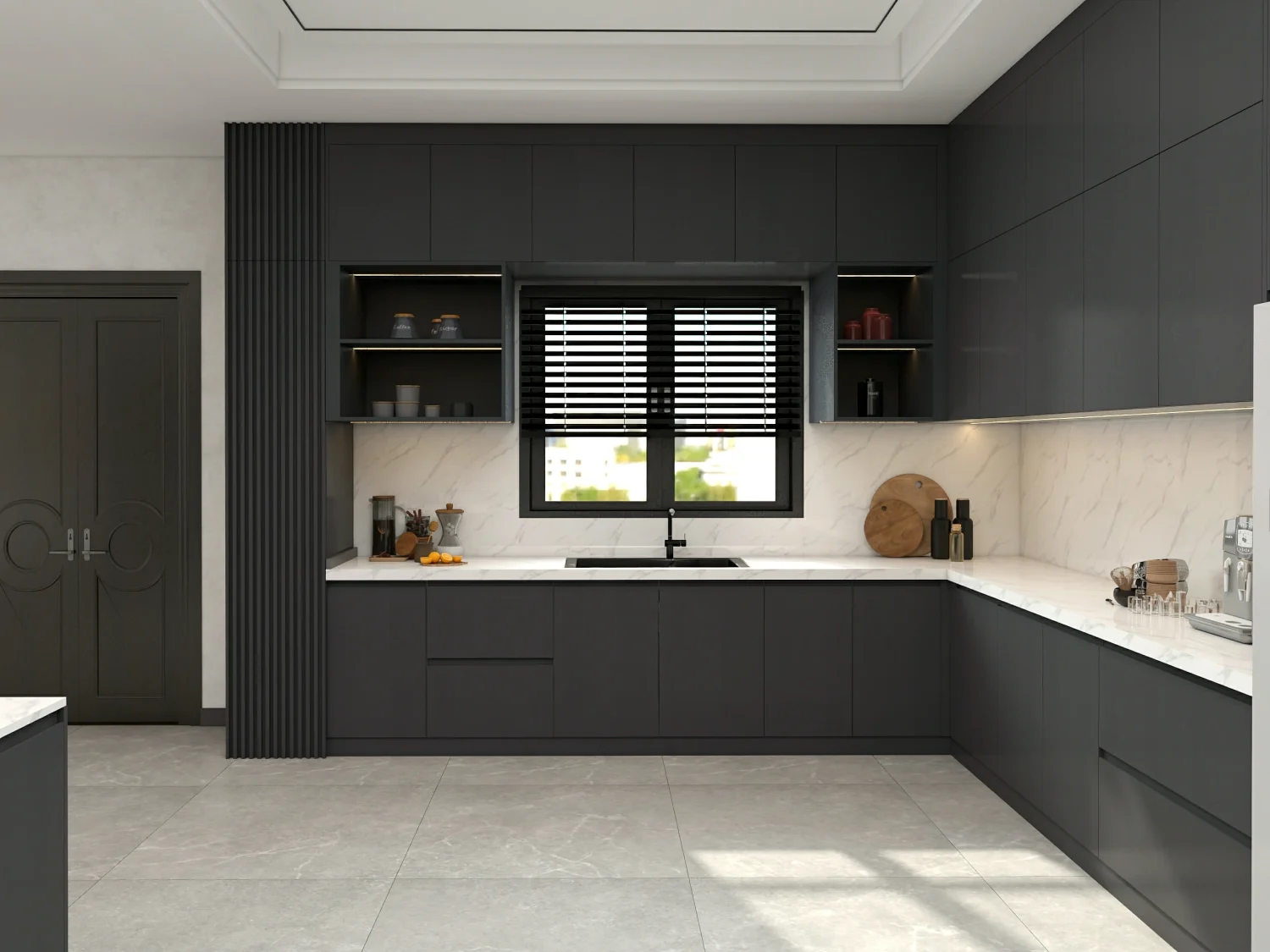 What are the Pros and Cons of Plywood Ktchen Cabinets? 3 A sleek modern kitchen with custom plywood kitchen cabinets, marble countertops, and under-cabinet lighting.