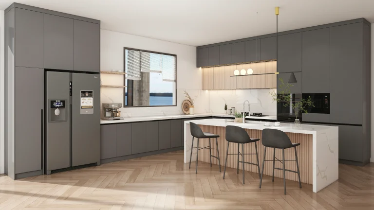 A modern kitchen with sleek plywood kitchen cabinets, marble countertop, and stylish pendant lights.