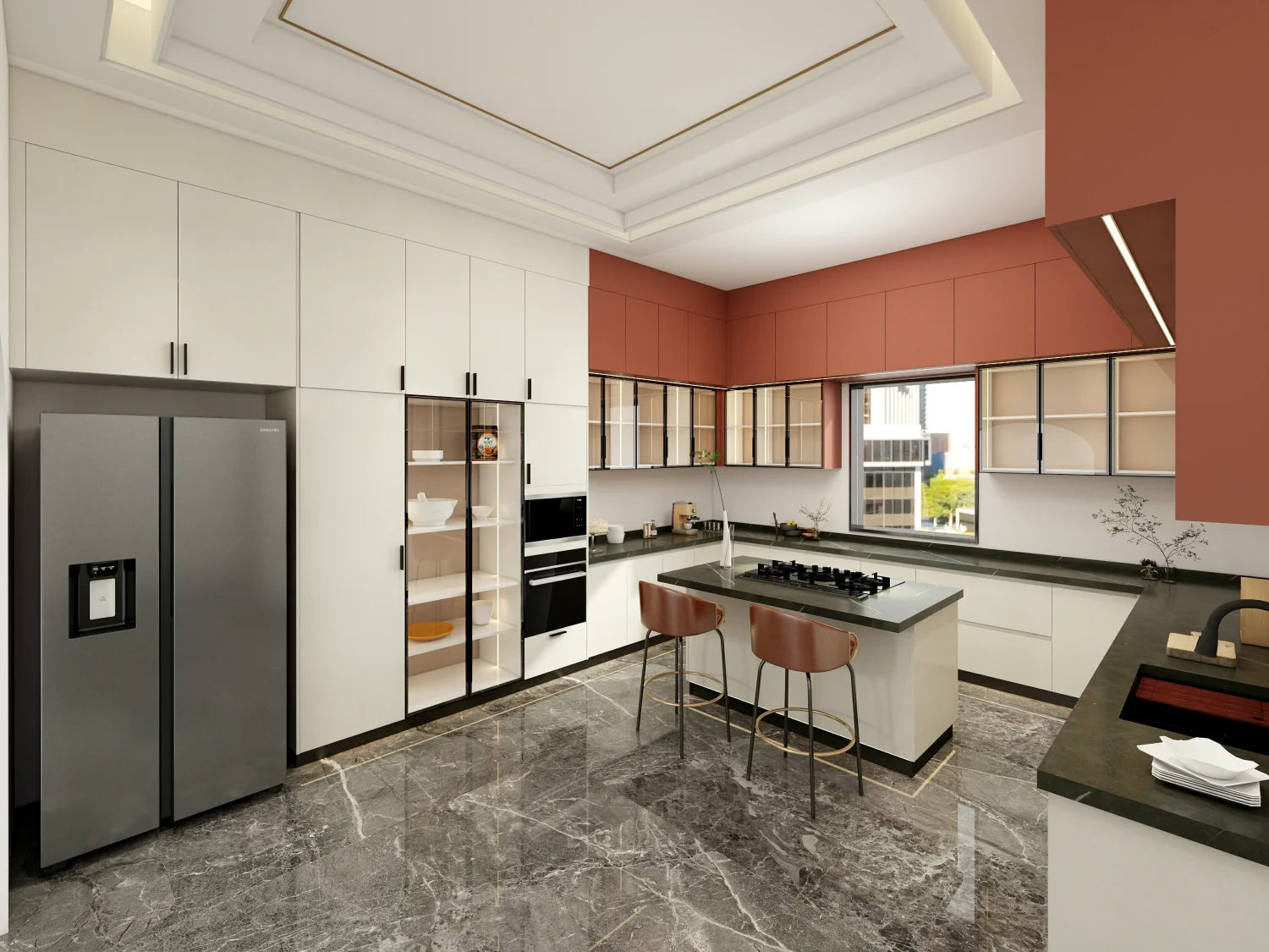 A modern kitchen featuring custom plywood kitchen cabinets with sleek countertops and a spacious layout.