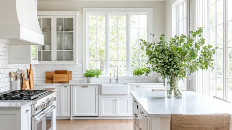 Farmhouse kitchen with pure white cabinets, marble countertops, and a bright, airy atmosphere filled with natural light.