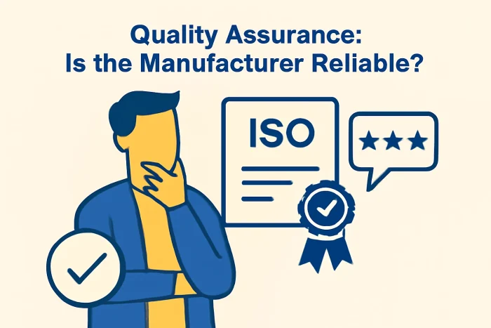 Illustration of a person evaluating quality assurance for a cabinet manufacturer with ISO certification, relevant to cabinet choices in UAE.