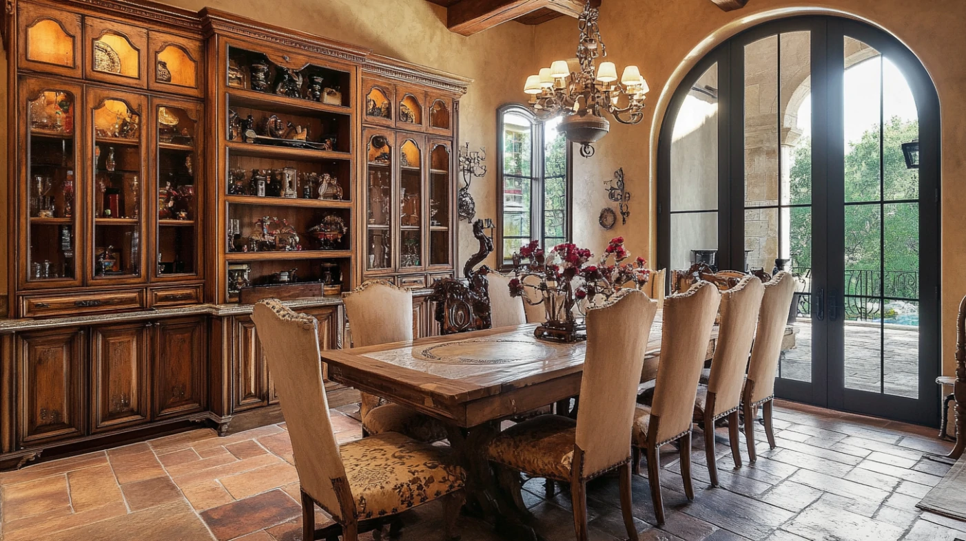 A rustic Mediterranean dining room cabinet with a warm wood finish and glass doors, perfect for storing and displaying items.