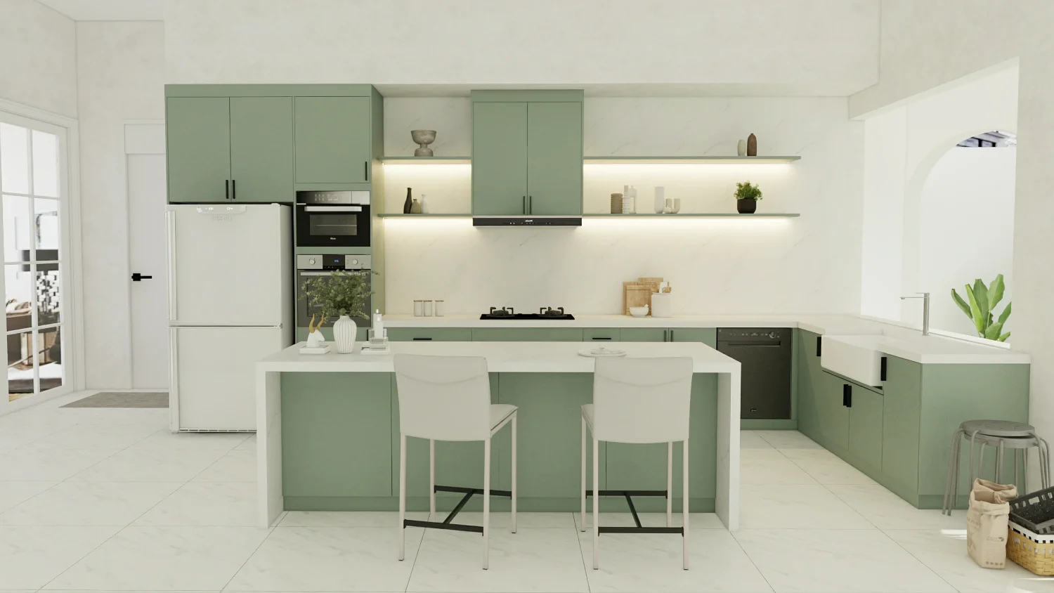 modern sage green kitchen cabinet colors in Saudi Arabia with white marble countertops and natural light