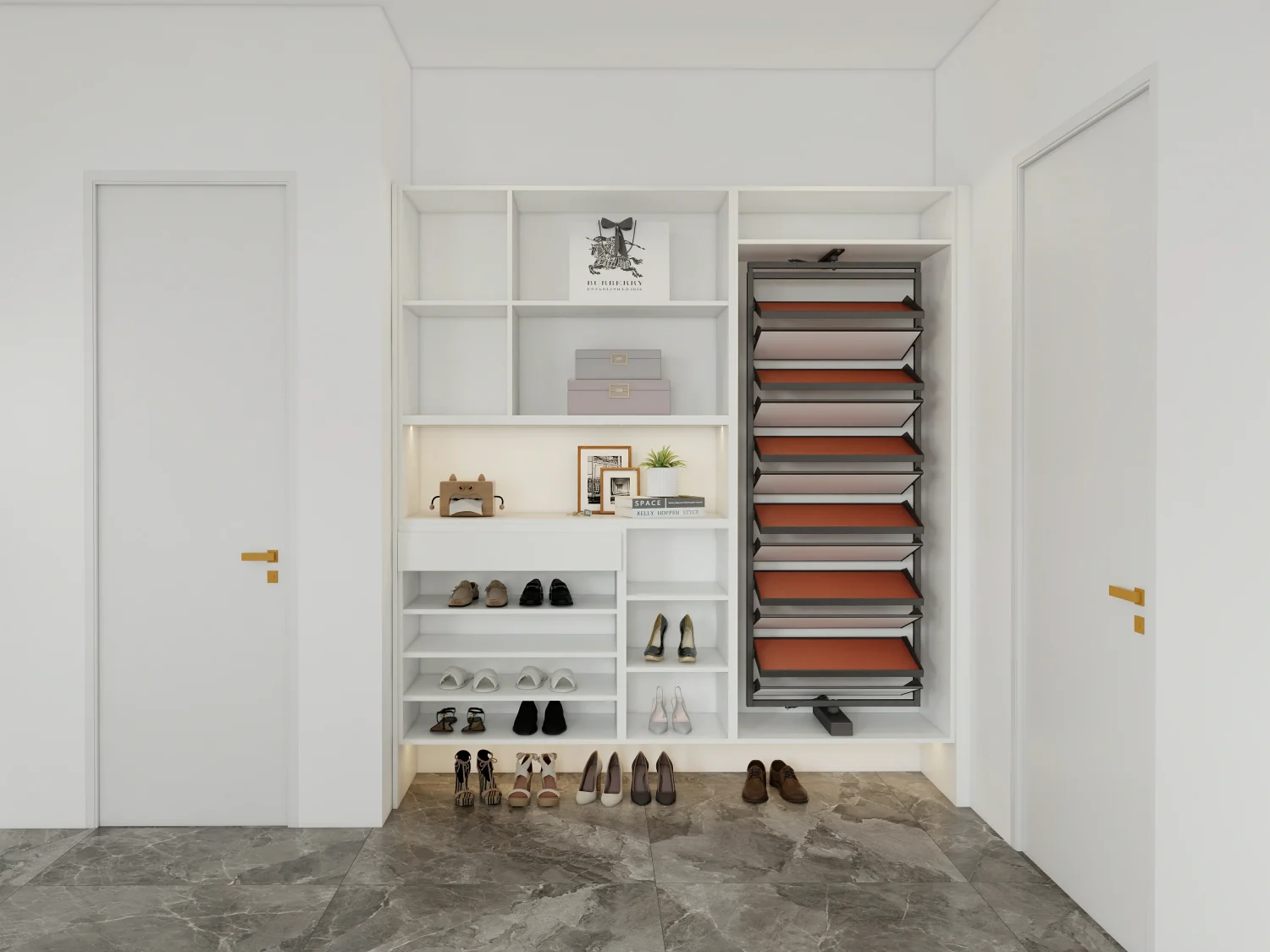 Open entryway shoe cabinet for entryway with tilt-out shoe rack and adjustable shelves showcasing organized footwear.