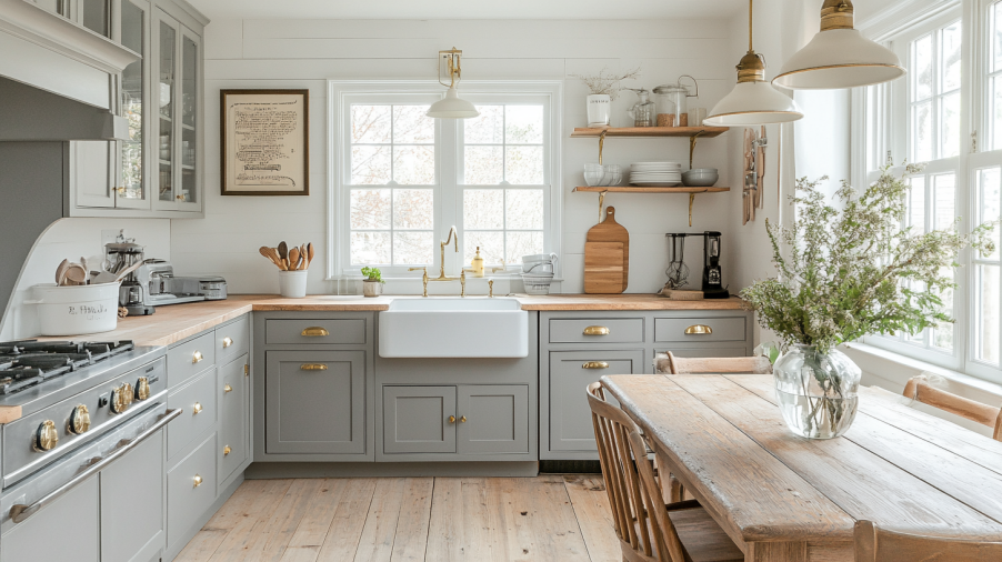 Farmhouse kitchen with soft gray cabinets, wooden countertops, and vintage gold hardware, creating a rustic feel.