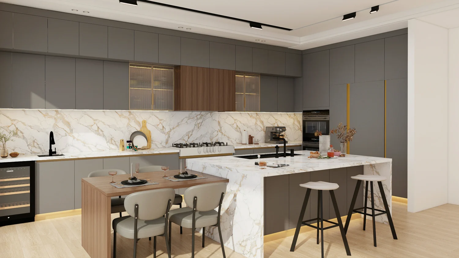 elegant soft taupe kitchen cabinet colors in Saudi Arabia with marble countertops and warm lighting