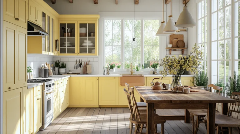Farmhouse kitchen with soft yellow cabinets, a wooden dining table, and large windows filled with natural light.