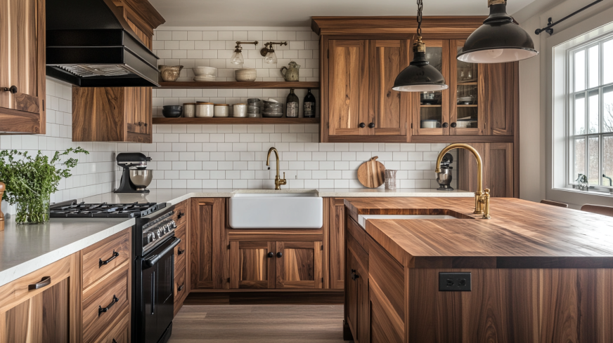 Farmhouse kitchen with solid walnut wood cabinets, white subway tiles, farmhouse sink, and brass faucet.