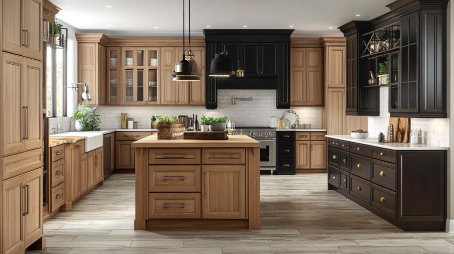 Kitchen featuring a variety of knotty alder kitchen cabinets with light and dark finishes.