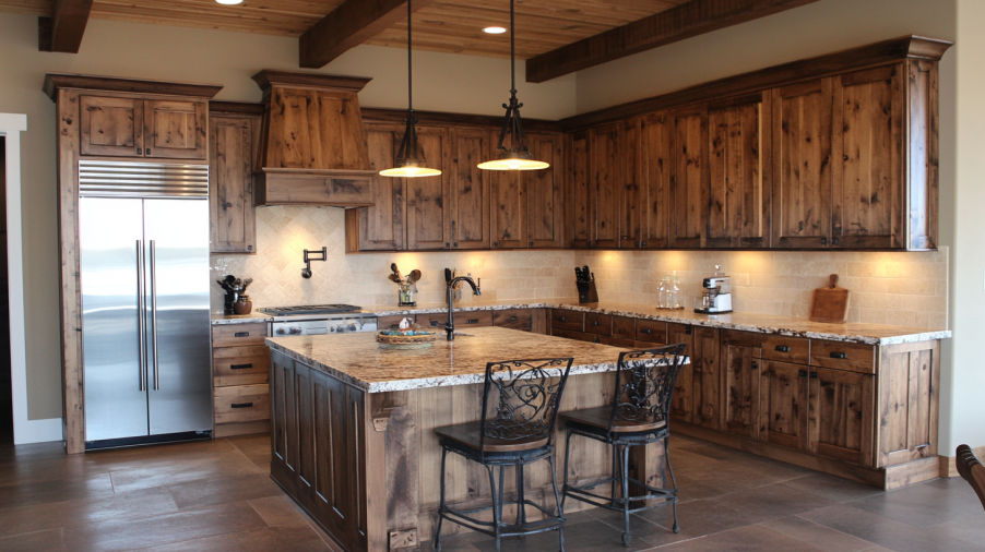 Kitchen with stained knotty alder cabinets, offering deep wood tones and rustic beauty.