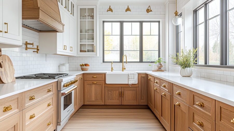 Two-tone farmhouse kitchen cabinets with white uppers and warm wood base units