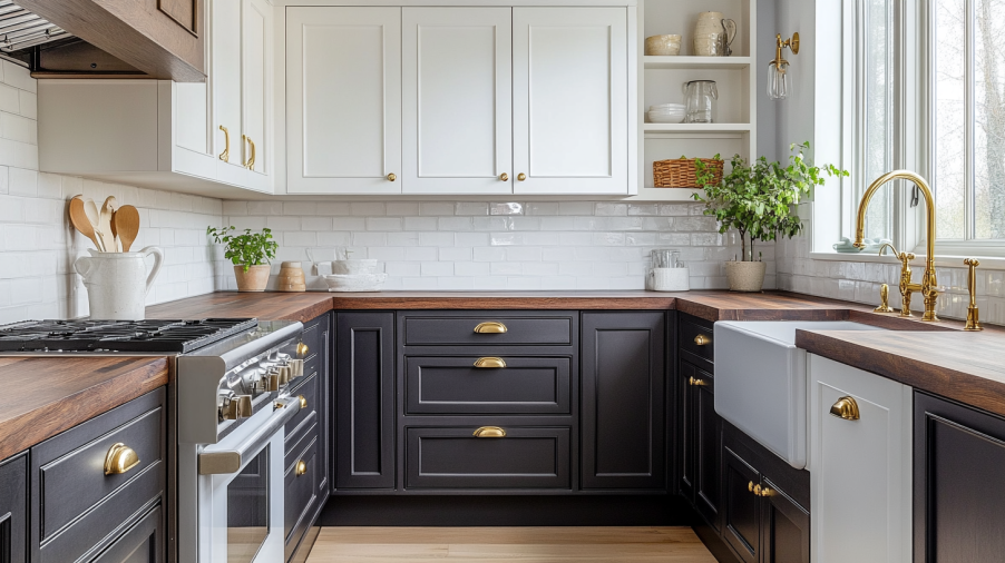 Farmhouse kitchen with two-tone cabinets: white upper and black lower cabinets, wooden countertops, and gold hardware.