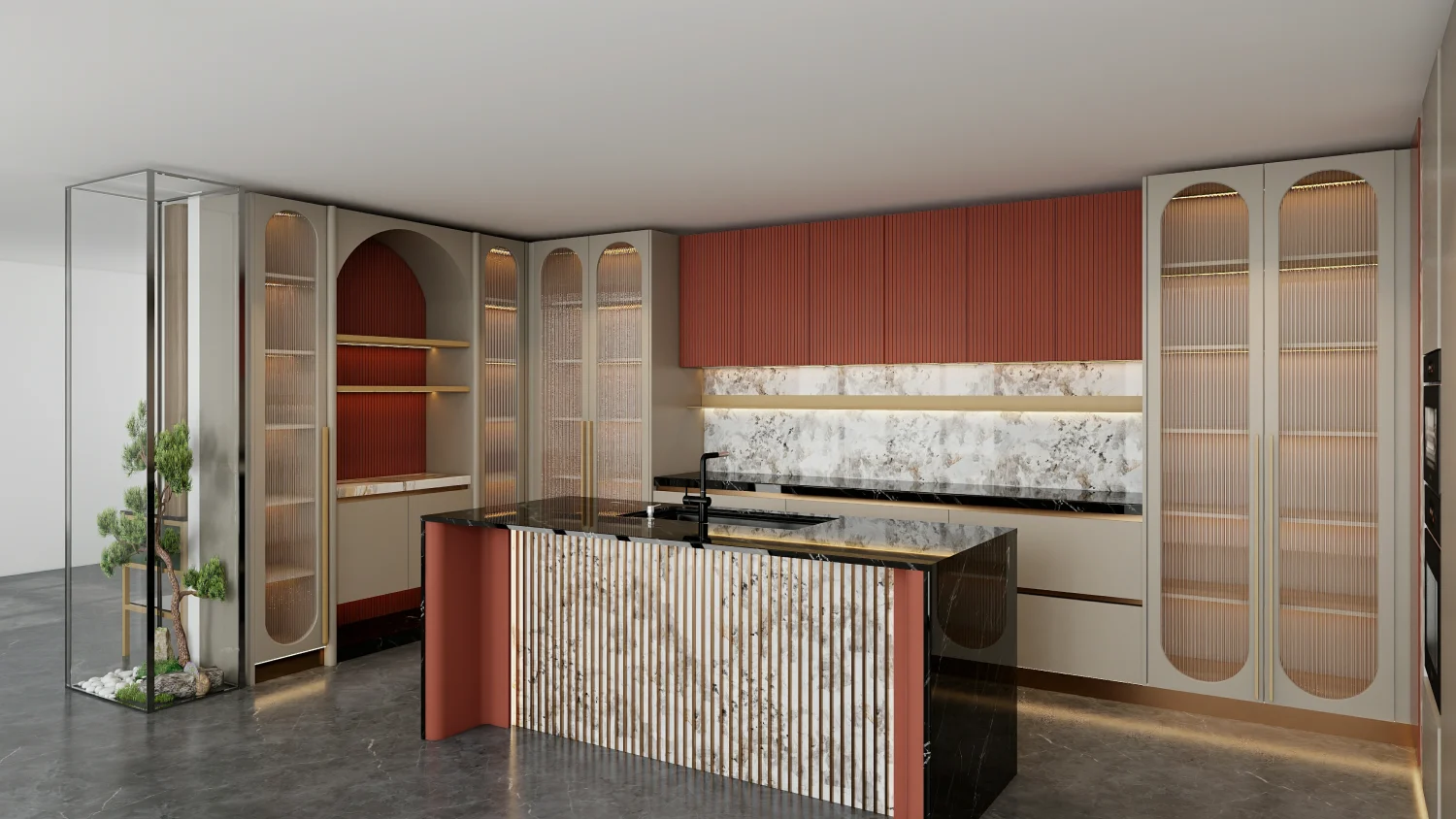 UAE luxury kitchen cabinet design with tall glass-front display cabinets showcasing dishware and accent lighting