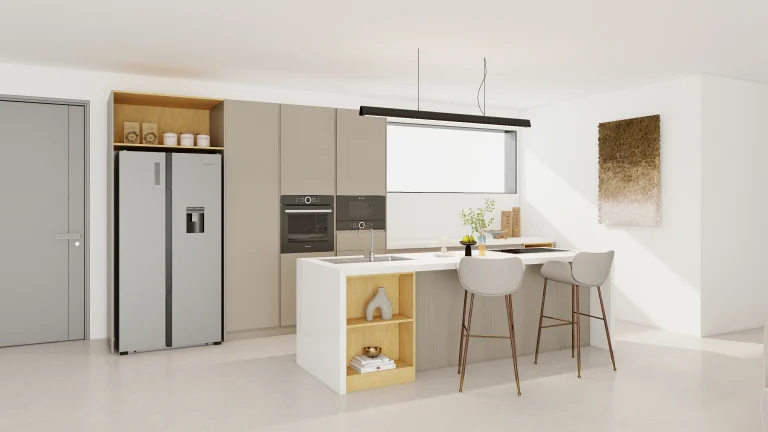 Integrated kitchen cabinet design in UAE concealing fridge and ovens behind seamless matte beige cabinetry