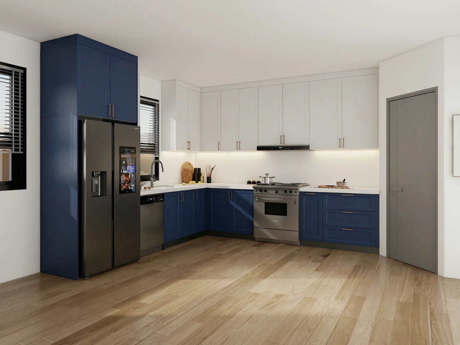 Two-tone kitchen cabinet design with navy lower and white upper cabinets in UAE contemporary kitchen