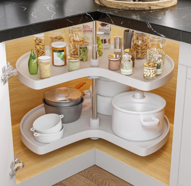 Pull-out corner kitchen cabinet design in UAE with sliding metal shelves holding pots and dishes