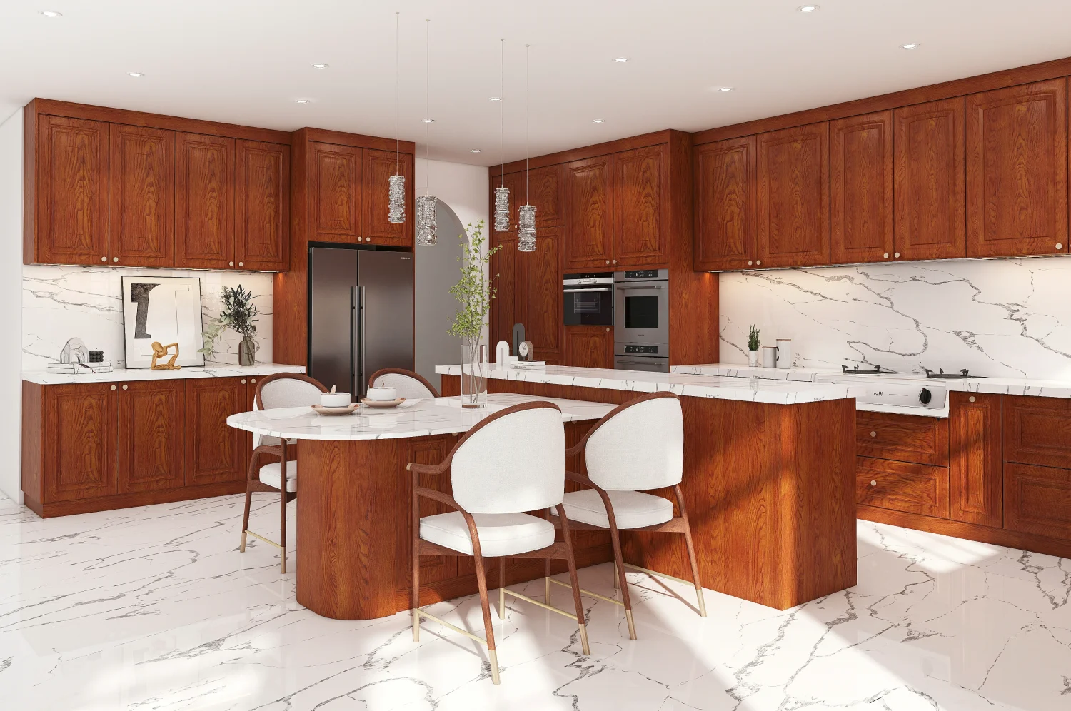 Warm natural wood kitchen cabinet design in UAE home with marble island and rustic wood accents
