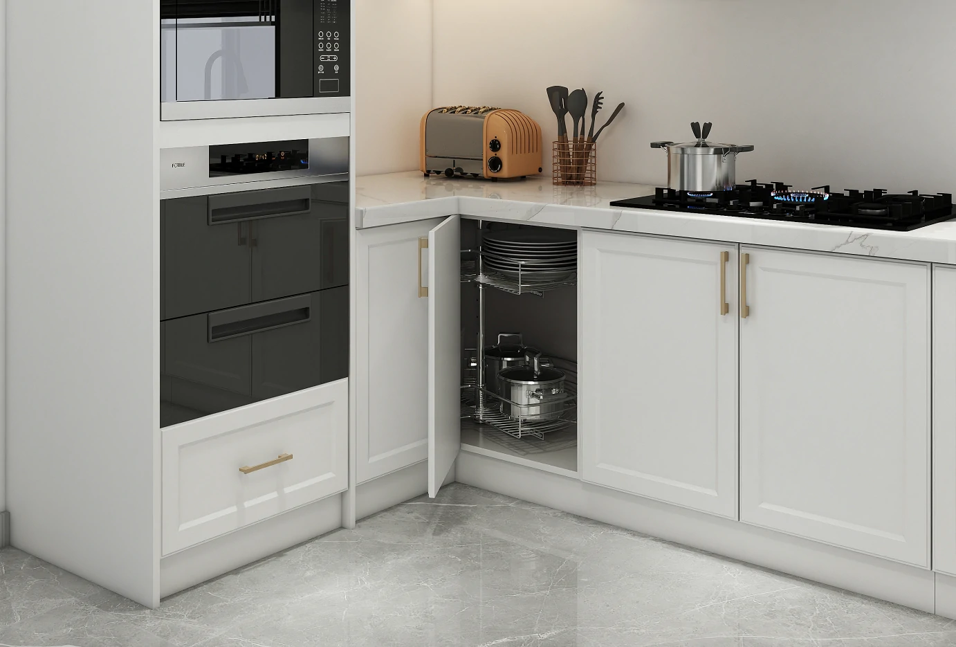 Lazy Susan corner kitchen cabinet design in UAE showcasing rotating shelves with organized cookware and jars